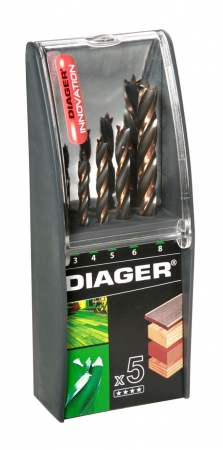 Coffret 5 mèches à bois 4wood pointe PRO DIAGER - diamètre 3 - 4 - 5 - 6 - 8 DIAGER