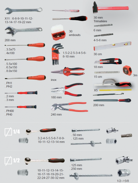 VALISE TROLLEY CONTENANT 128 OUTILS PROFESSIONNELS, RANGEMENT ET  COMPOSITIONS