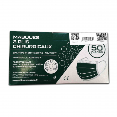 Boîte de 50 masques chirurgicaux type IIR 3 plis non tissés Made in France