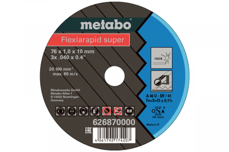 5 disques de tronçonnage Flexiarapid Super Ø 76x1,0x10mm, Inox Metabo