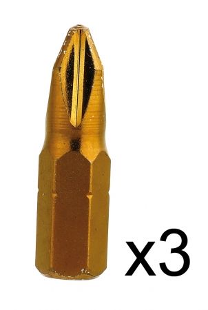 3 Embouts vissage Pozidriv No2 rev&ecirc;tement TIN DIAGER